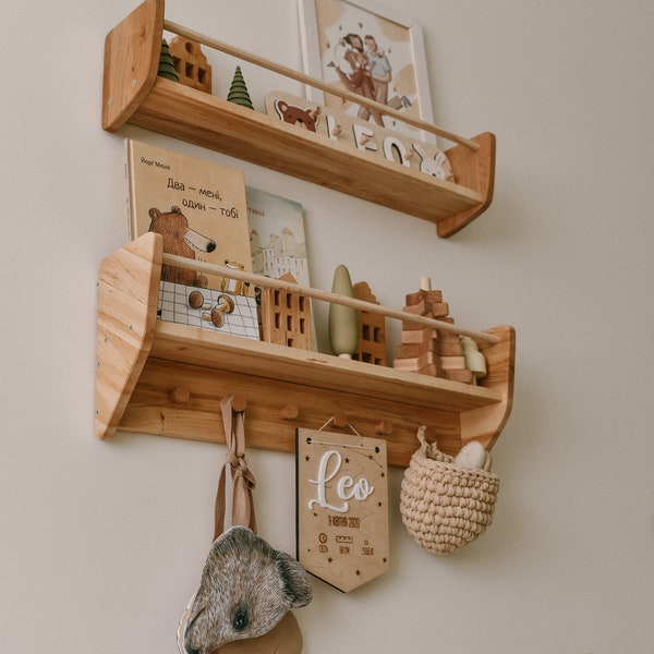 Kwekerijplanken Wanddecoratie, Montessori Baby- & Kinderkamerplanken, Houten Drijvende Plank met Haken, Babykamerdecoratie, Peutercadeau