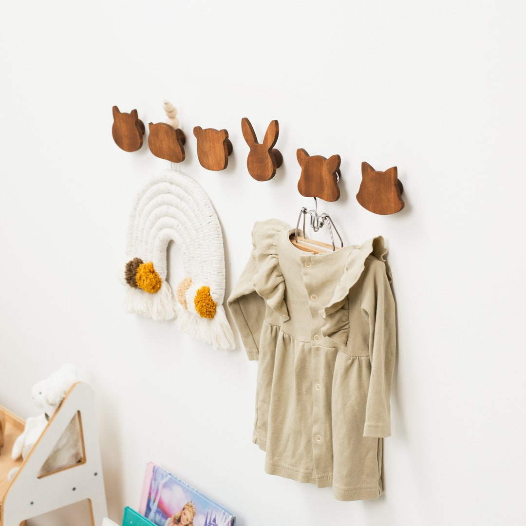 Wooden Animal Wall Hooks for Kids, Woodland Nursery Decor, Wall Mounted