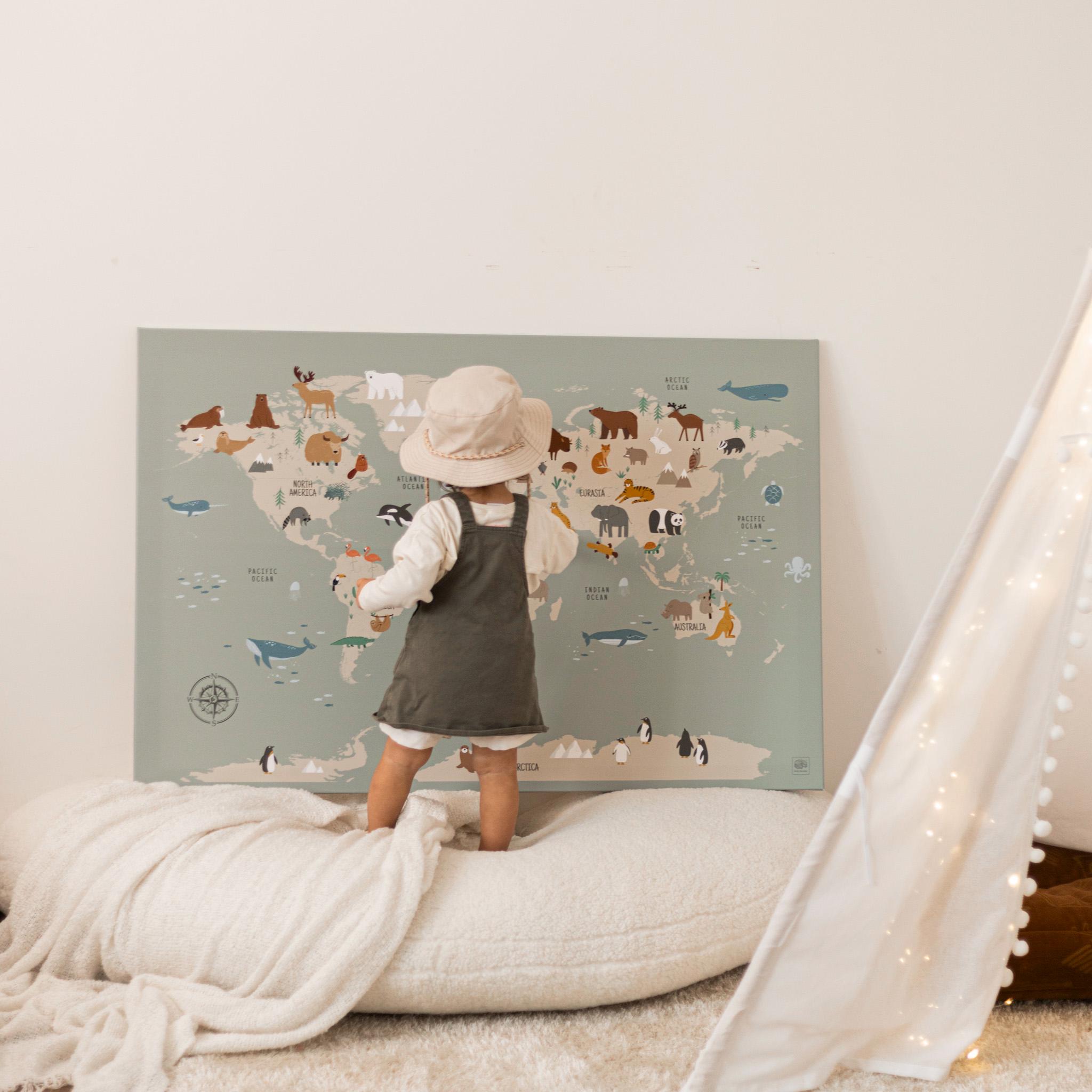 Canvas World Map Animal Themed Kid Wall Art Nursery Decor Kids Room ...