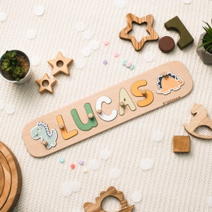 Name Puzzle with Dinosaur, Montessori Toys for Toddlers, 1st Birthday Baby Gift, Baby Shower Gift, Personalized Gifts, Wooden Nursery Decor
