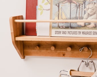 Kids Shelf with Hooks,  Wall Decor, Toy and Book Wall Storage, Nursery Wall Shelf, Montessori Shelf On The Wall, Nursery Decor