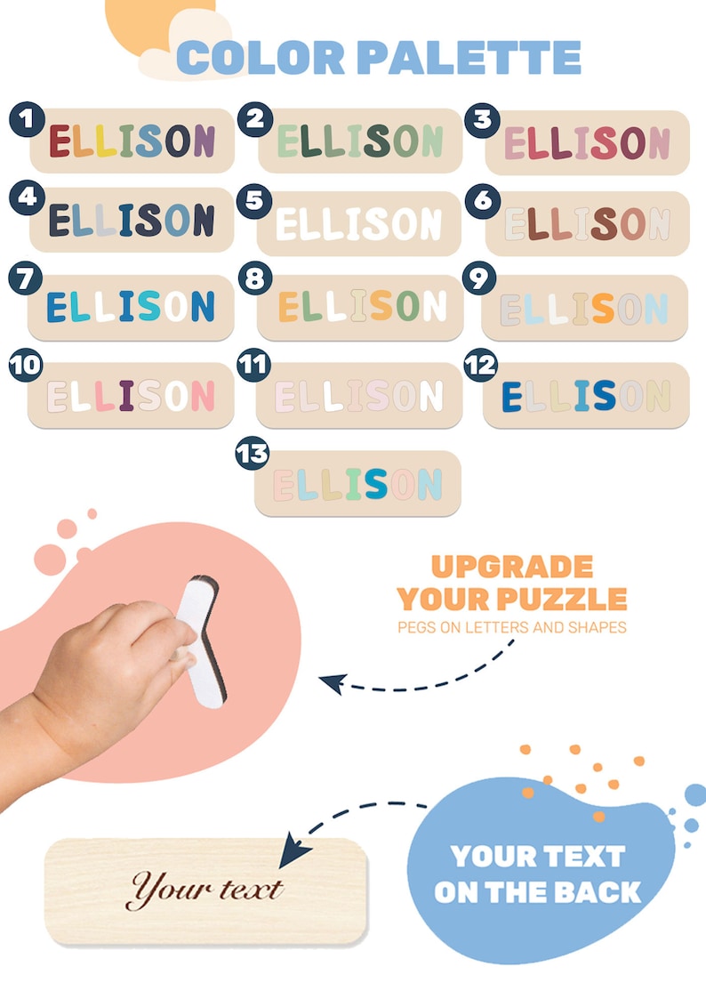 May include: Wooden name puzzle with the name "Ellison" in various color combinations. The image shows a color palette with 13 different color options. The text "Upgrade Your Puzzle" and "Your Text on the Back" are also visible.