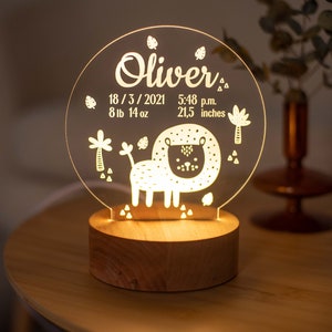 Safari bebê estatísticas luz noturna para crianças, nome personalizado luz noturna animal bonito, novo presente do bebê para a mãe, anúncio de nascimento do tema safari