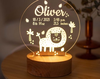 Safari Baby Stats Night Light for Kids, Customized Name Cute Animal Night Light,  New Baby Gift for Mom, Safari Theme Birth Announcement