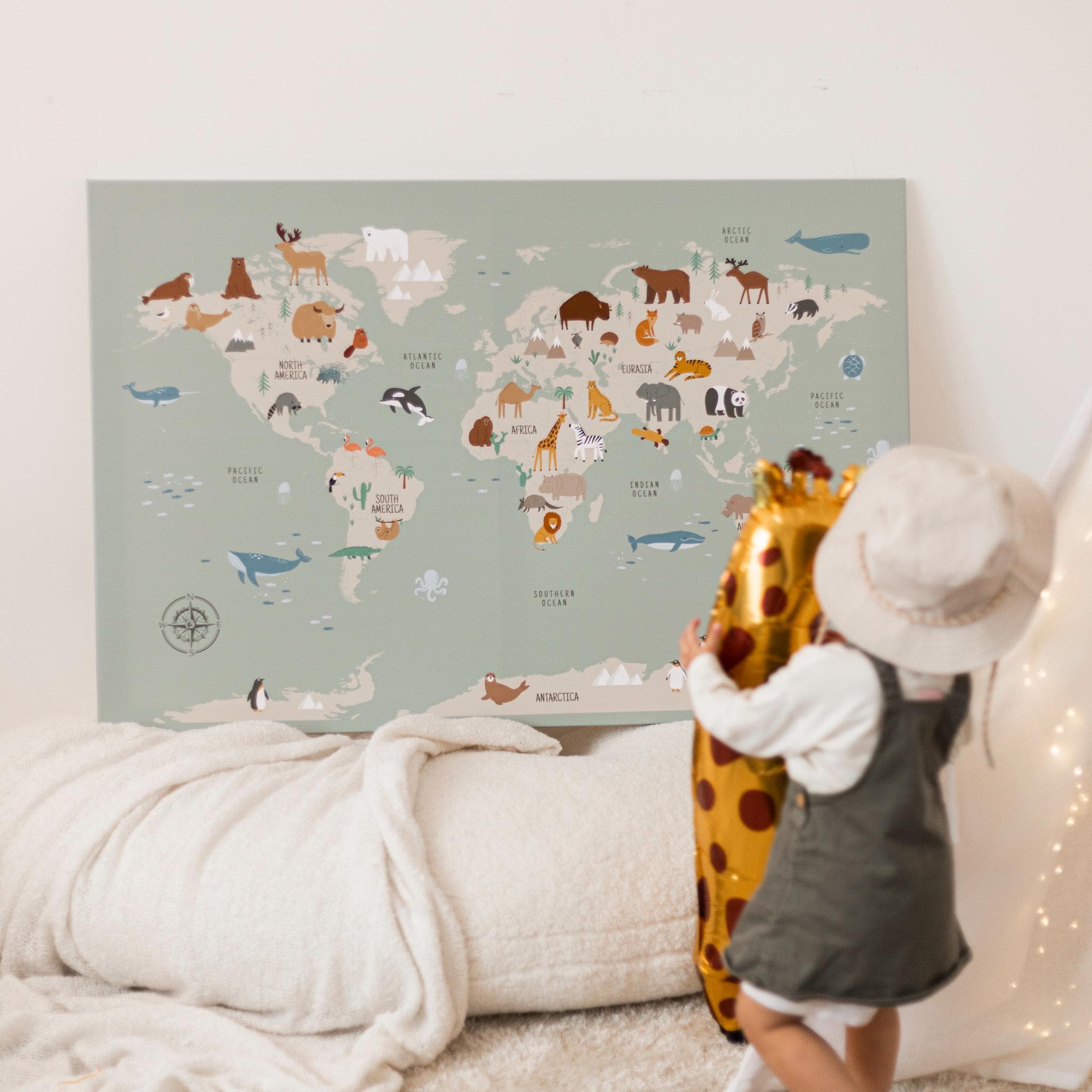 Canvas World Map Animal Themed Kid Wall Art Nursery Decor Kids Room ...