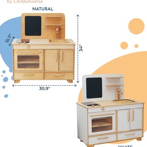 May include: A wooden play kitchen with a white or natural wood finish. The kitchen features a stove, oven, sink, and storage drawers. It measures 30.9 inches wide and 34 inches tall.  The kitchen is made of wood and has a natural or white finish.