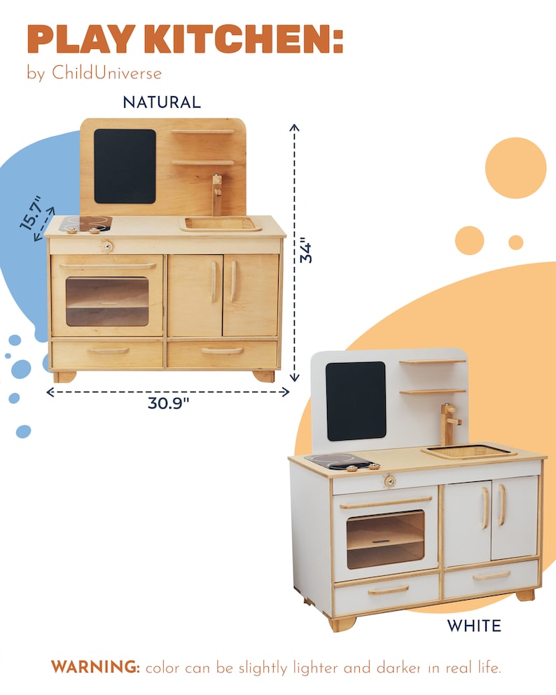 May include: A wooden play kitchen with a white or natural wood finish. The kitchen features a stove, oven, sink, and storage drawers. It measures 30.9 inches wide and 34 inches tall.  The kitchen is made of wood and has a natural or white finish.
