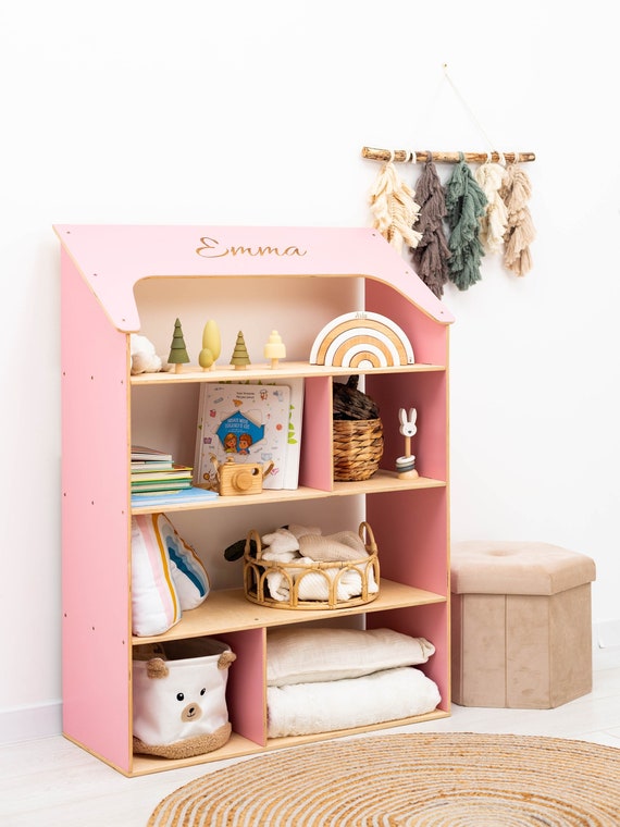 Großes Regalhaus, Hausförmiges Regal, Kinderzimmerregal, hölzernes Hausregal, Hausförmiges Regal, rosa Bücherregal, Kinderzimmerhaus geformtes Regal