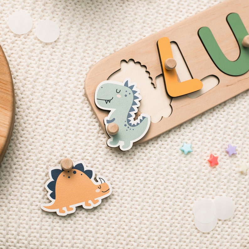 Dinosaur Nursery, Baby Name Puzzle, Wooden Montessori Toys for Toddlers, 1st Birthday Baby Boy Gift, Baby Shower Gift, Personalized Gifts image 2