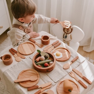 Montessori Kitchen Tools, Wooden Pretend Play Kitchen Dishes Set for Kids, Waldorf Preschooler Toys, Toddler Birthday Gift for 3, 4, 5 Year