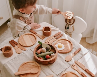 Montessori Kitchen Tools, Wooden Pretend Play Kitchen Dishes Set for Kids, Waldorf Preschooler Toys, Toddler Birthday Gift for 3, 4, 5 Year