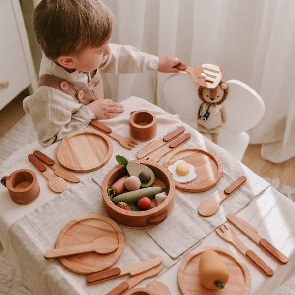 Montessori Küchenwerkzeuge, Holz Pretend Play Küchengeschirr Set für Kinder, Waldorf Vorschulspielzeug, Kleinkind-Geburtstagsgeschenk für 3, 4, 5 Jahre