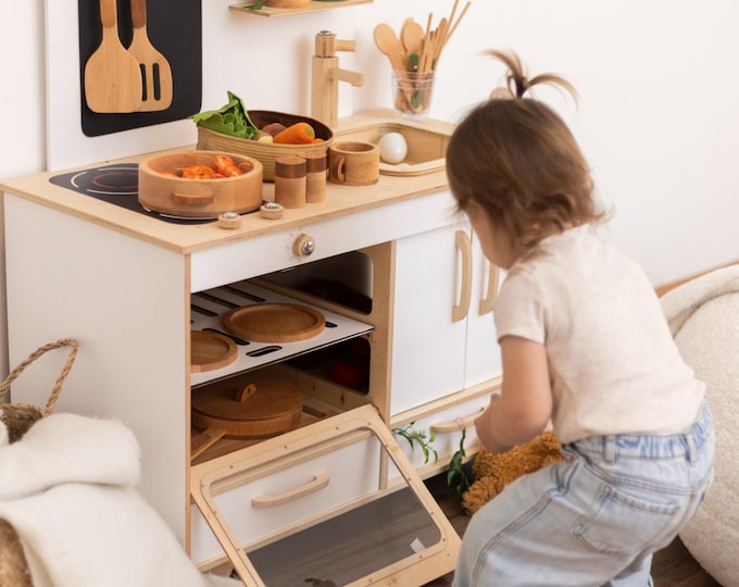 Pretend Play Kitchen Wooden, Play Kitchen Set, Montessori Furniture, Girl or Boy Birthday Gift, Toy Kitchen, Gifts for Kids, Playroom Decor