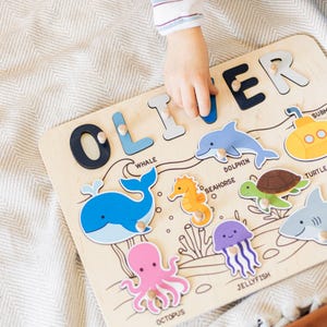 Ocean Busy Board for 1 Year Old, Wooden Montessori Toy, Fish Theme Puzzle Board, Sea Animals Activity Board, Underwater Nursery Decor