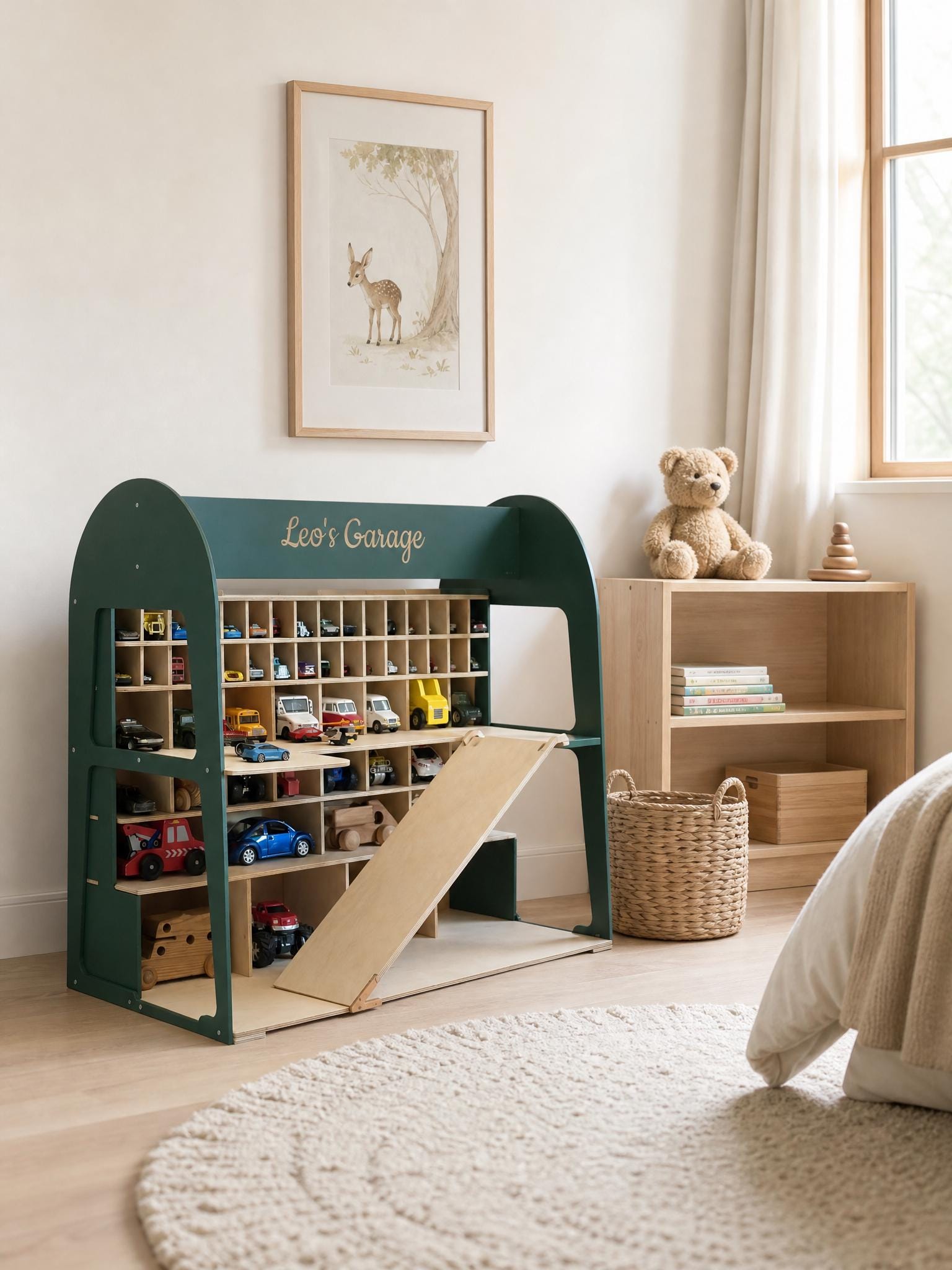 Personalized Toy Car Garage, Wooden Car Storage, Montessori