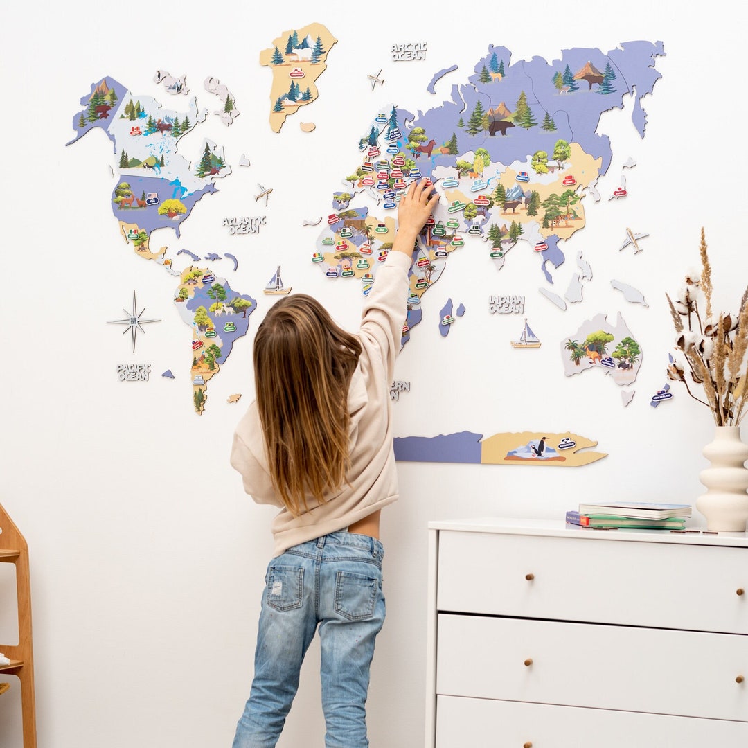 World Map Nursery Decor, Interactive Wall Map for Kids, Animal World