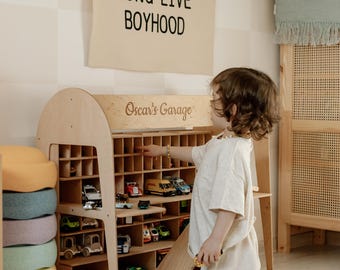 Wooden Toy Car Parking Garage, Personalized Toddler Storage, Montessori Playroom Furniture