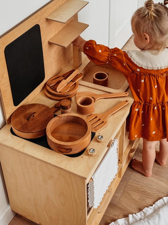 Play Kitchen Set With Cutting Set, Pretend Play Kitchen Wooden 