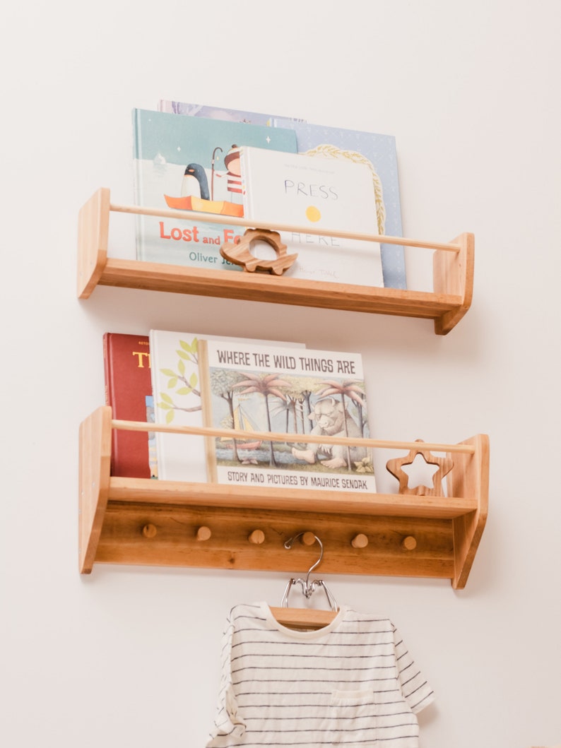 Nursery Wall Shelf With Hooks Hanging Bookshelf Kids Wall Etsy