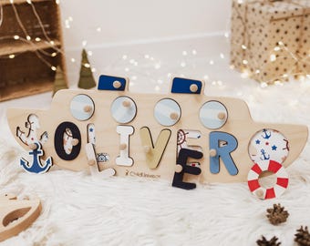 Wooden Name Puzzle with Pegs, Gifts for Kids,  1 Year Old Baby Boy Gift, Personalized with a Boat Design