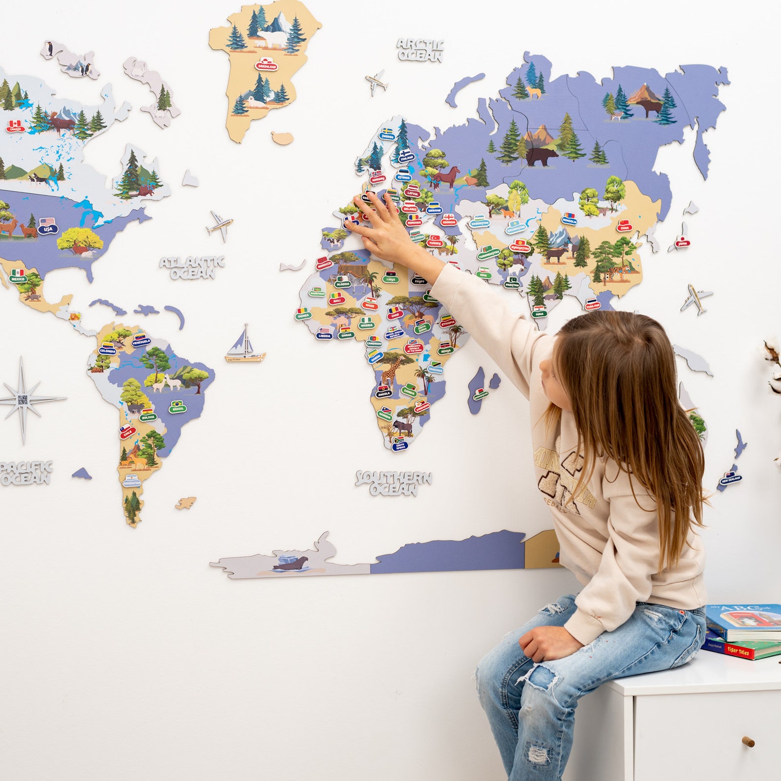 Kids World Map, Travel Wall Map, Toddler Wall Decor Animal, Nursery Map ...