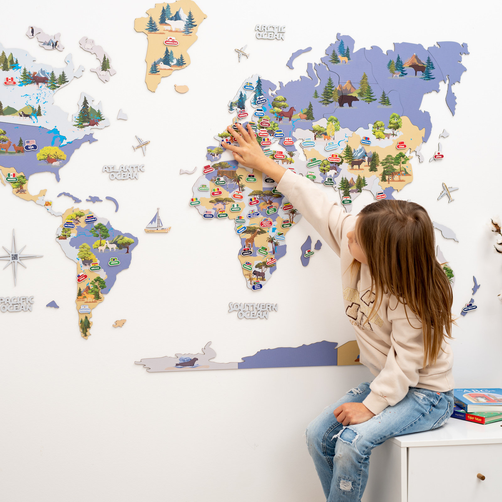 Kids World Map, Travel Wall Map, Toddler Wall Decor Animal, Nursery Map ...