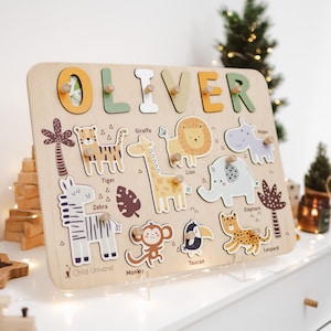 Regalo para bebés personalizado, Rompecabezas de animales del bosque, Juguetes para niños pequeños de 1, 2, 3 años, Tablero de rompecabezas de nombres, Regalo de cumpleaños para niños, Guardería del bosque