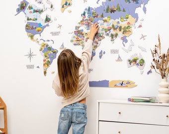 Kids World Map, Travel Wall Map, Toddler Wall Decor Animal, Nursery Map, Childrens Room Decor, Playroom Wall Art, 3D Wooden World Map,