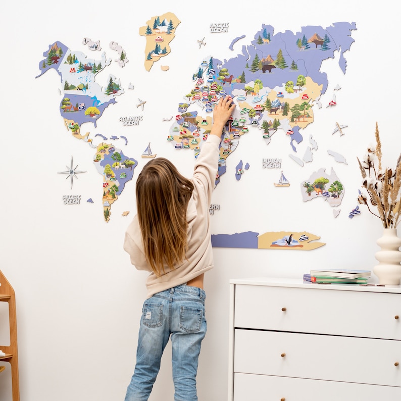 Kids World Map, Travel Wall Map, Toddler Wall Decor Animal, Nursery Map ...