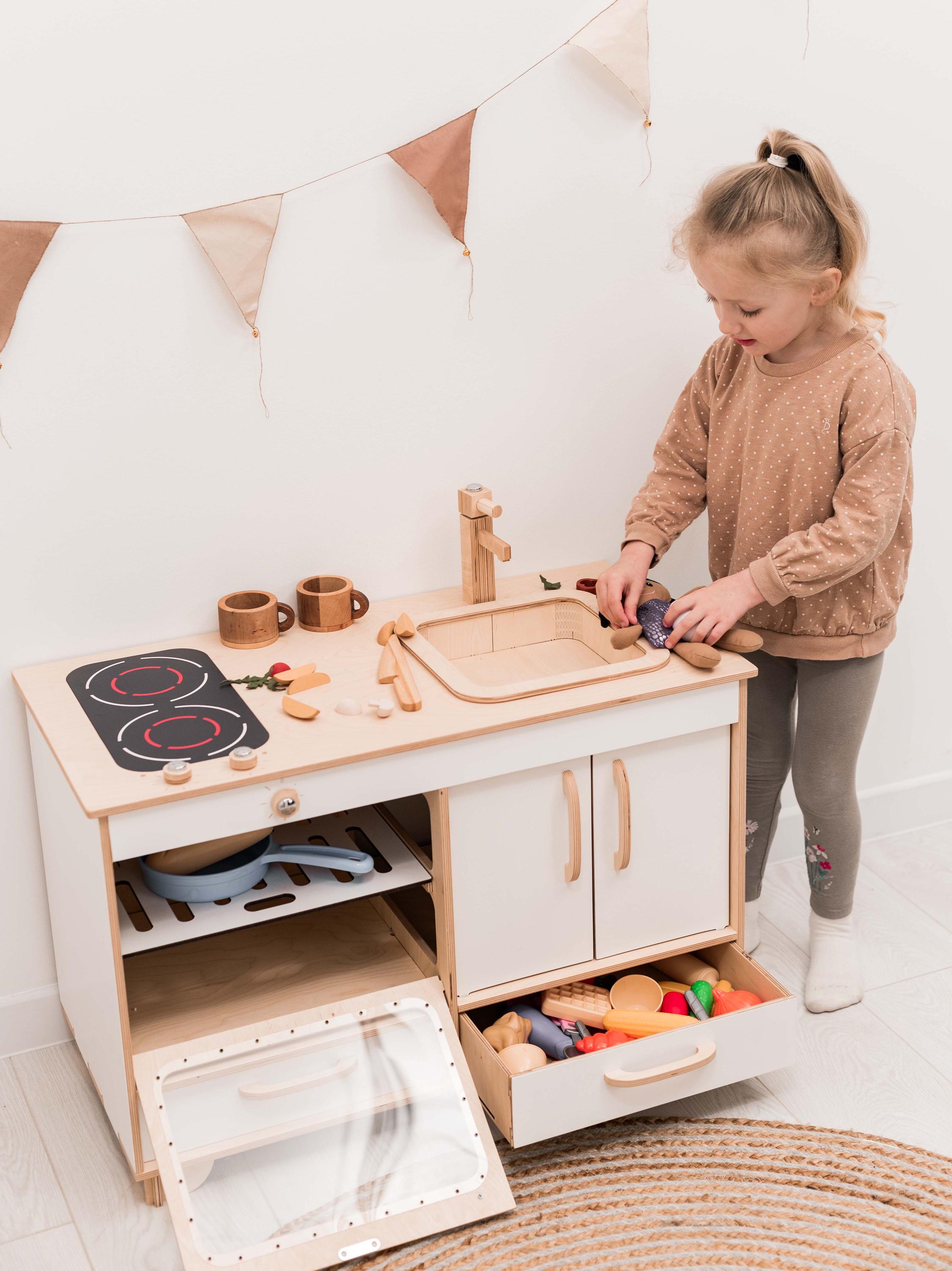 Pretend Baby Nursery Montessori Wooden Play Kitchen Natural