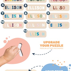 以下が含まれることがあります： ベージュの長方形の背景に、異なる文字色で名前ELLISONの13のバリエーションを表示したカラーパレットチャート。画像には、ペグが付いた白いパズルピースと、Your textという文字が書かれた木製のボードが含まれています。