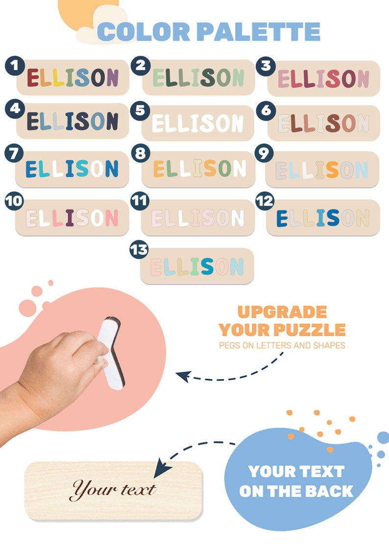以下が含まれることがあります： ベージュの長方形の背景に、異なる文字色で名前ELLISONの13のバリエーションを表示したカラーパレットチャート。画像には、ペグが付いた白いパズルピースと、Your textという文字が書かれた木製のボードが含まれています。