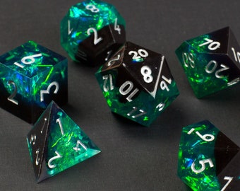 Dark Emerald Handmade Sharp Dice - Green/Black Resin Cast Dice Set of 7 DnD Dice - Precision Dice for Dungeons & Dragons by Wooden Golem