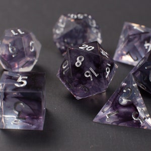 Dark Magic Handmade Sharp Dice - Clear/Dark Purple Resin Cast Polyhedral Dice Set of 7-Piece DnD Dice - Dice for Dungeons & Dragons