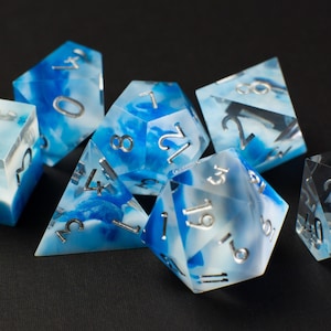 Captured Sky Sharp Handmade Dice - Clear/Blue/White Resin Cast Dice Set of 7 DnD Dice - Dice for Dungeons & Dragons by Wooden Golem