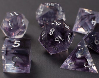 Dark Magic Handmade Sharp Dice - Clear/Dark Purple Resin Cast Polyhedral Dice Set of 7-Piece DnD Dice - Dice for Dungeons & Dragons