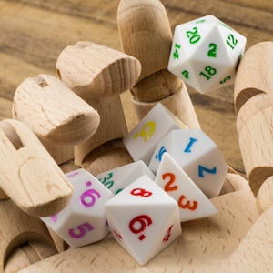 Magic Palette Dice - Honed Edge &quot;Sharp-ish&quot; Dice Set of 7 DnD Dice - White Dice with Multi-colored numbers for Dungeons & Dragons