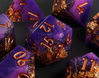 Corrupted Wealth - Handmade Sharp Resin Dice Set with Purple Corruption and Gold Loot Flakes for DnD - Full Set of 7 for Dungeons & Dragons