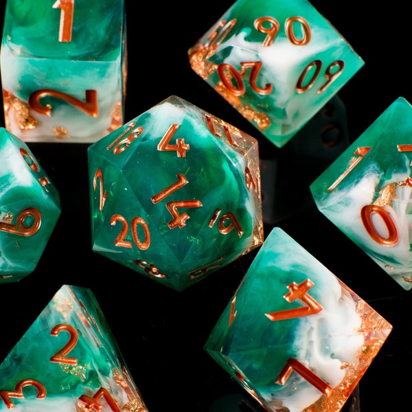 Shipwrecked Handmade Sharp Dice - Teal/White/Clear Resin Cast Dice Set of 7 DnD Dice - Handcrafted - Full Dice Set for Dungeons & Dragons