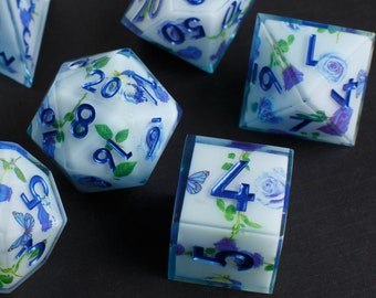 Winter Blossom - Handmade Sharp Resin Dice Set - Blue Floral Ice/Frozen Design - RPG Polyhedral Dice - Unique DnD Dice - Great Nerd Gift