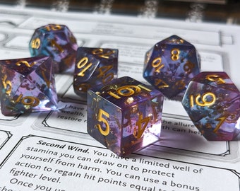 School of Enchantment Dice - Honed Edge "Sharp-ish" Dice Set of 7 DnD Dice - Blue and Purple Resin with Golden Flakes for Dungeons & Dragons