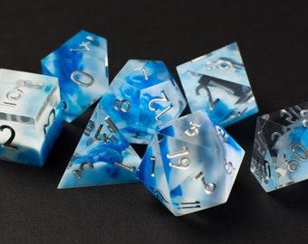 Captured Sky Sharp Handmade Dice - Clear/Blue/White Resin Cast Dice Set of 7 DnD Dice - Dice for Dungeons & Dragons by Wooden Golem