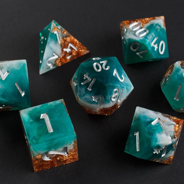 Shipwrecked Handmade Sharp Dice (Silver Numbers) - Teal/White/Clear Resin Cast Dice Set of 7 DnD Dice - Dice for Dungeons & Dragons