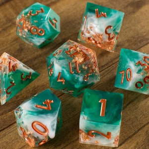 Shipwrecked Handmade Sharp Dice Teal/White/Clear Resin Cast Dice Set of 7 DnD Dice Dice for Dungeons & Dragons by Wooden Golem image 2