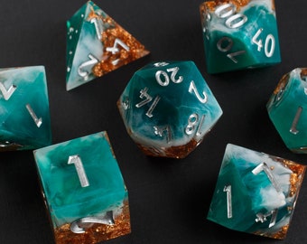 Shipwrecked Handmade Sharp Dice (Silver Numbers) - Teal/White/Clear Resin Cast Dice Set of 7 DnD Dice - Dice for Dungeons & Dragons