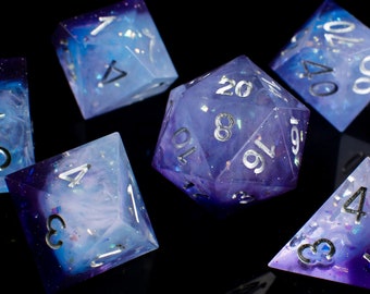 Handcrafted Necromancer Dice Set - Purple Resin with Silver Numbers and Cloudy Texture for Dungeons and Dragons and Tabletop Gaming