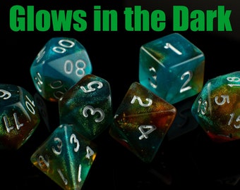 Abyss Dice Set - Blue & Green Swirled Resin Dice for DnD, RPGs - Glow-in-the-Dark, Ocean Depths