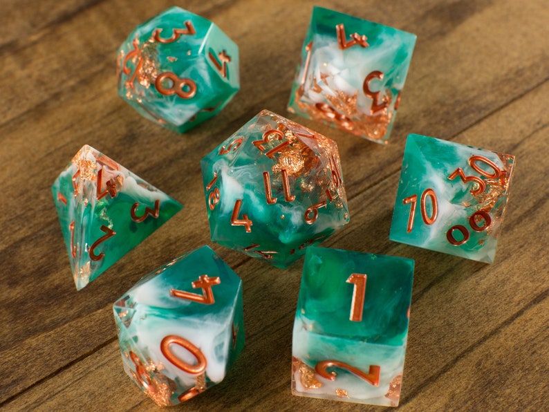 Shipwrecked Handmade Sharp Dice Teal/White/Clear Resin Cast Dice Set of 7 DnD Dice Dice for Dungeons & Dragons by Wooden Golem image 2