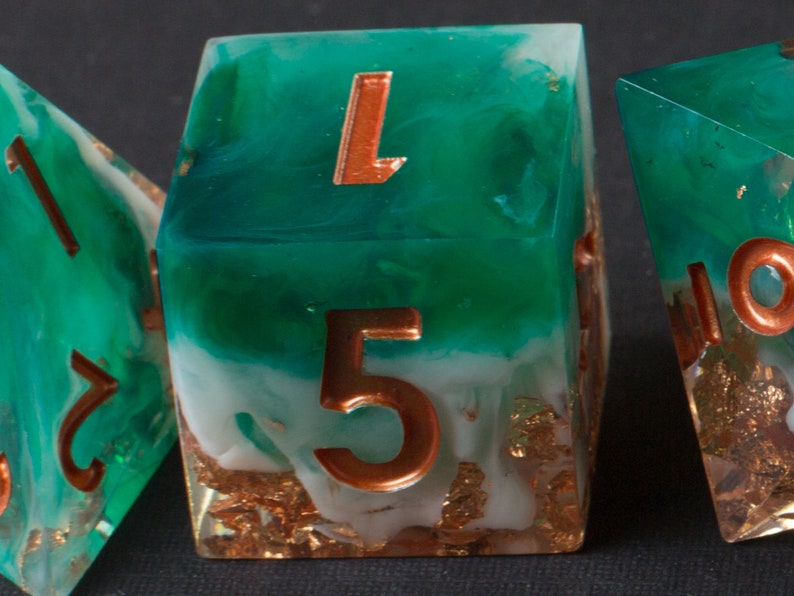 Shipwrecked Handmade Sharp Dice Teal/White/Clear Resin Cast Dice Set of 7 DnD Dice Dice for Dungeons & Dragons by Wooden Golem image 4