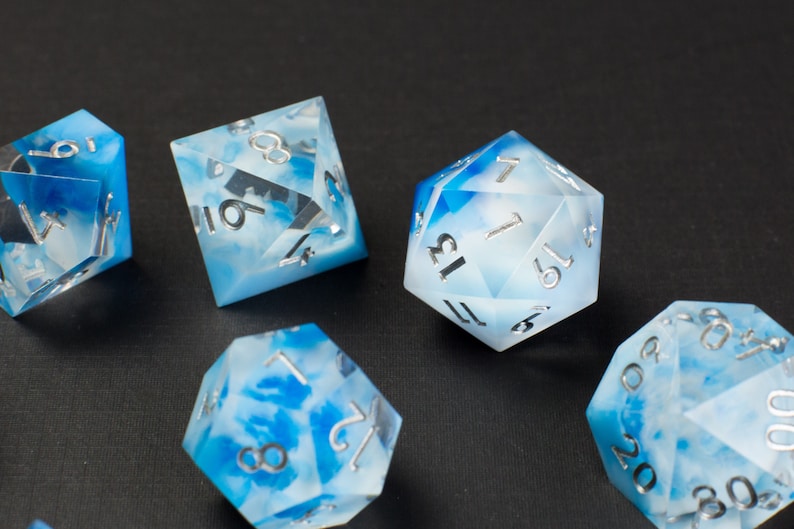 Captured Sky Sharp Handmade Dice Clear/Blue/White Resin Cast Dice Set of 7 DnD Dice Dice for Dungeons & Dragons by Wooden Golem image 7